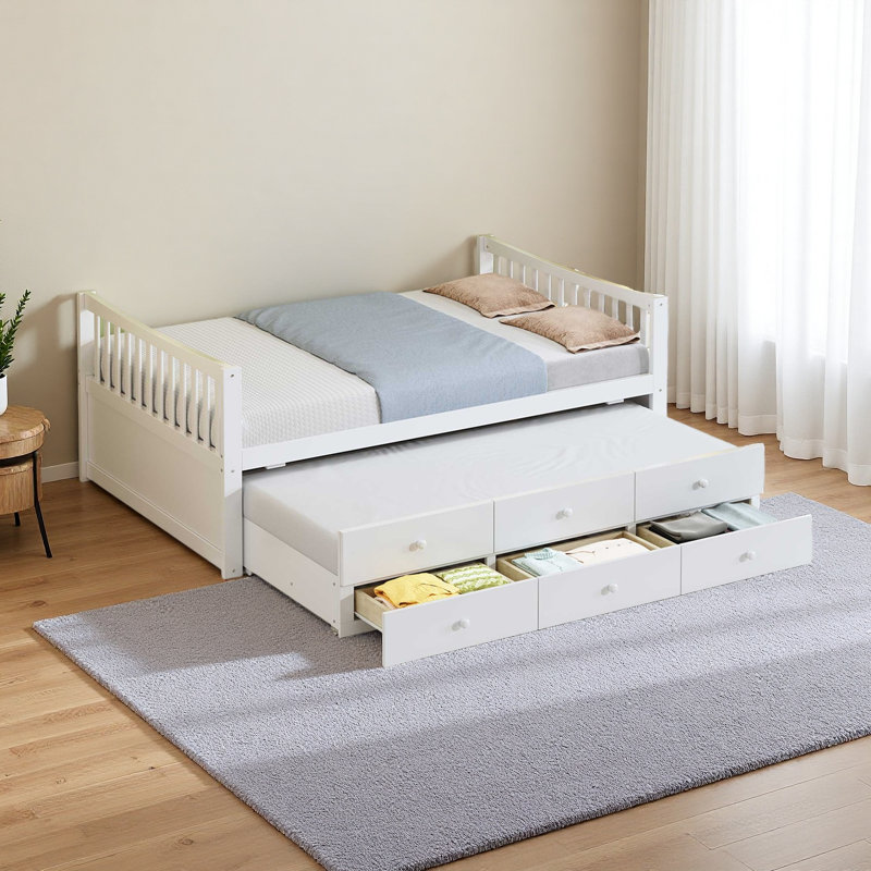 Lit de jour double avec lit gigogne simple et tiroirs, Gris