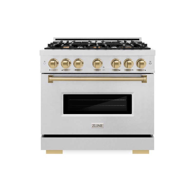 ZLINE Autograph Edition 36 in. 5.2 cu. ft. Classic Gas Range with 6 Burner Cooktop and Convection Gas Oven in Satin Stainless Steel and Accents