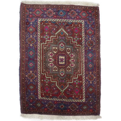 Tapis rouge en laine noué à la main de conception unique 1 pi 10 po x 2 pi 7 po années 1980 Fernandeo