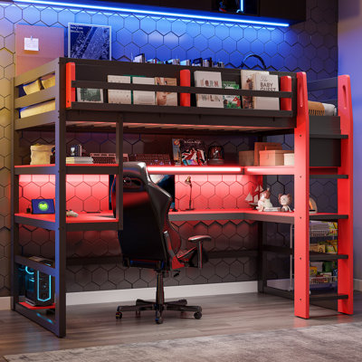 Lit mezzanine simple en bois avec bureau, support de rangement latéral, tablettes multiples et lumière RVB, rouge