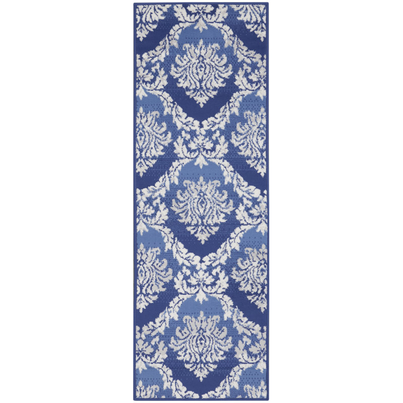 Tapis oriental bleu / blanc en polypropylène tissé à la machine Gula, Tapis de couloir 2 pi x 6 pi