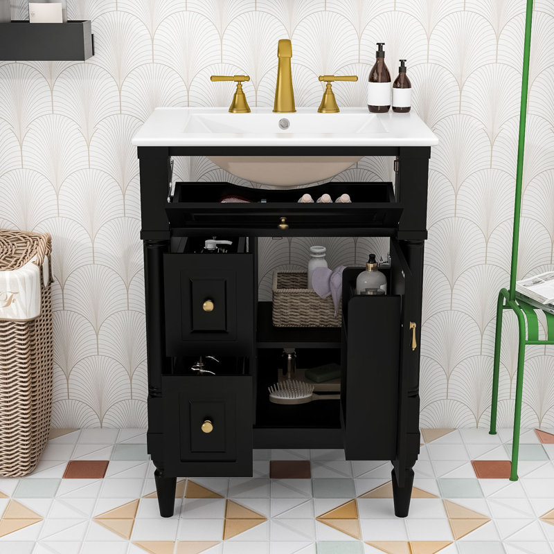 Meuble-lavabo autoportant moderne avec lavabo en céramique, tablette réglable et rangement spacieux, Noir