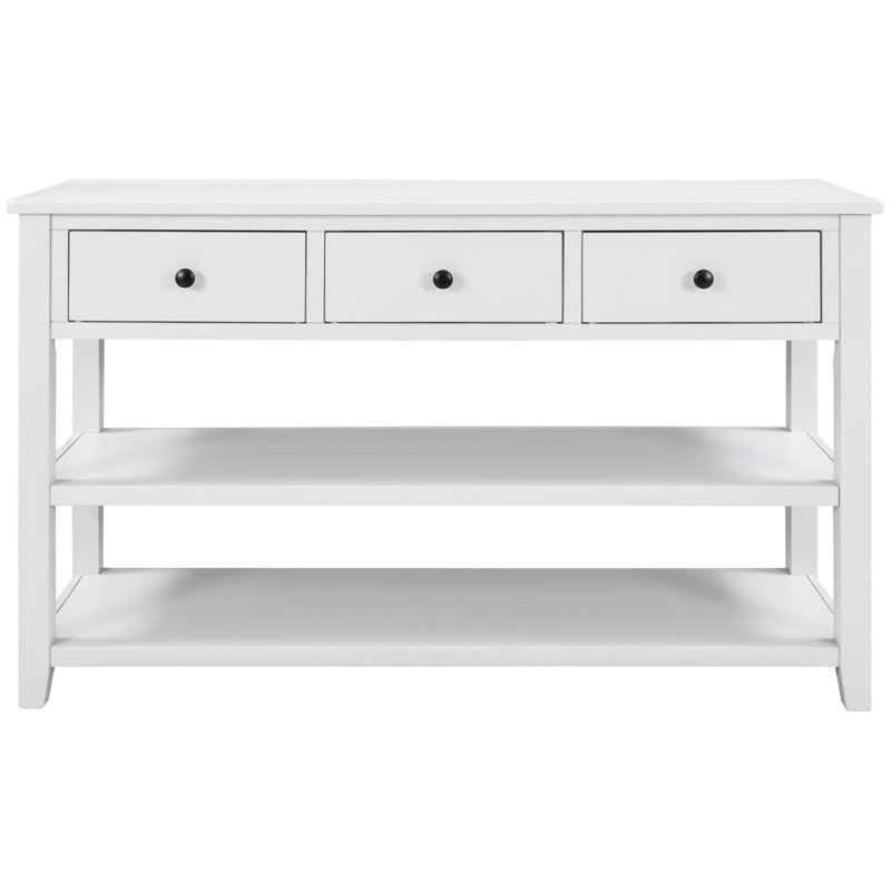 Retro Design Console Table With Two Open Shelves, Pine Solid Wood Frame And Legs For Living Room, Antique White