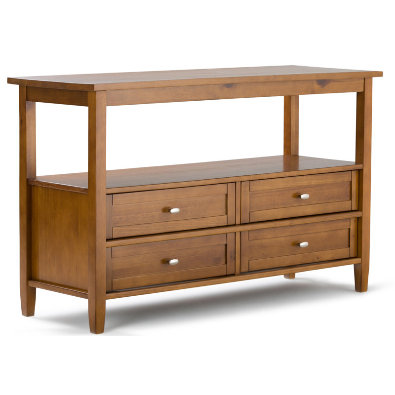 Warm Shaker 48"W Solid Wood Transitional Sofa Table with 4 Drawers, Open Shelf and Brushed Nickel Knobs, Light Golden Brown