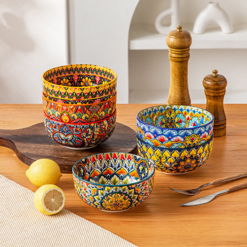 Ensemble de 6 bols de céréales bohémiens 6 faces, bols en céramique de 25 oz, imprimé intégral à l'intérieur et à l'extérieur, 6 motifs