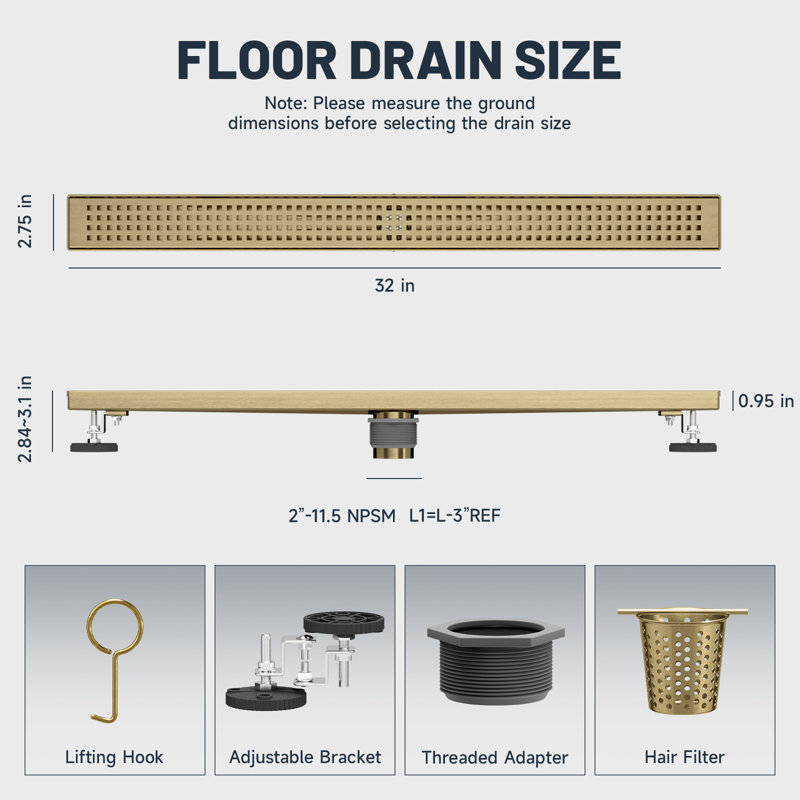 32 po Drain de douche linéaire en acier inoxydable avec couvercle de drain carré, Or brossé