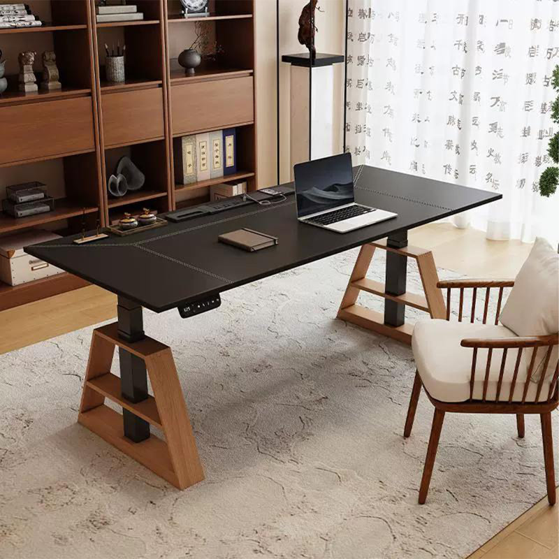 Bureau rectangulaire en bois massif et en bois manufacturé noir + brun noisette réglable en hauteur + acier