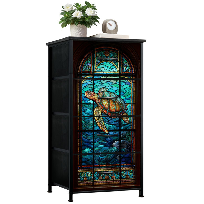 Commode vitrail pour la chambre à coucher avec 4 tiroirs de rangement Scène océanique gothique Commode en porcelaine à tiroirs en verre teinté pour commode en dortoir