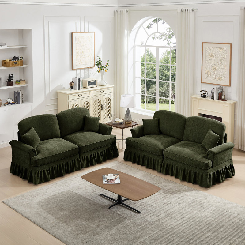 Ensemble de canapé de salon modulaire 2 pièces avec accoudoirs évasés et volants amovibles Classic, Vert