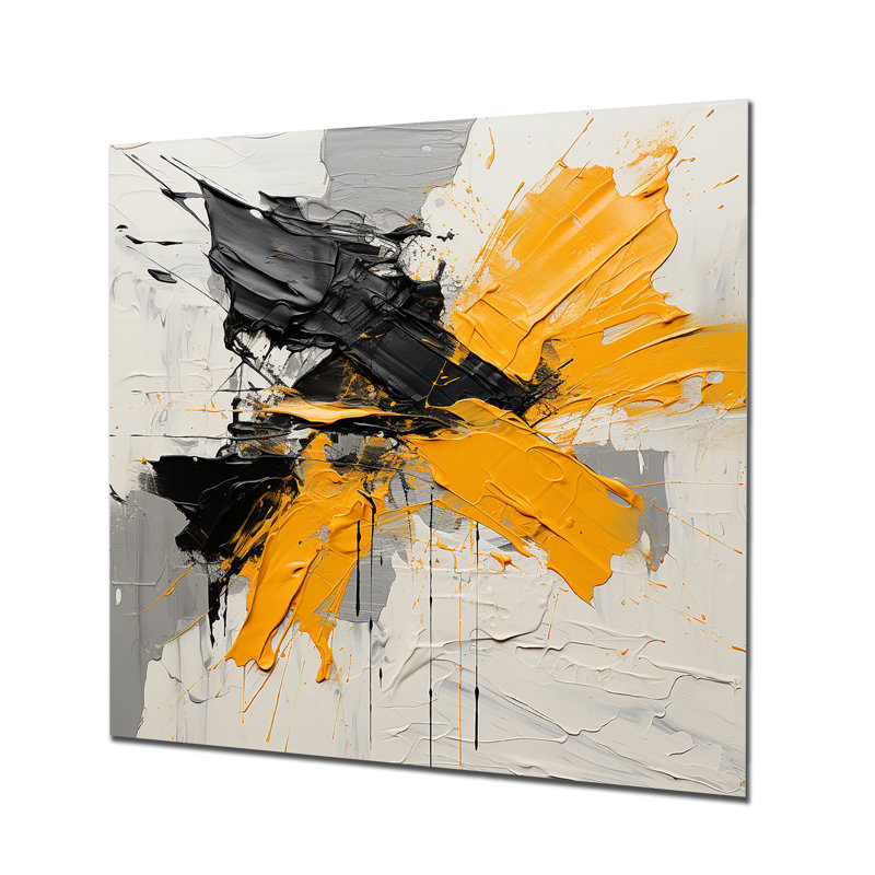 Peinture grise et jaune Elegance III - Collages abstraits, art mural en métal, H 16 po x l 16 po