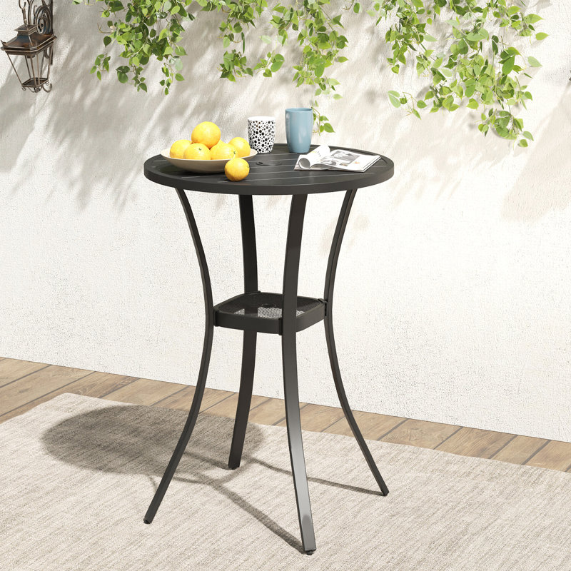 Raniesha Round Metal Outdoor Bar Table With Umbrella Hole , 27.6'' in. W 27.6'' in. D, Black