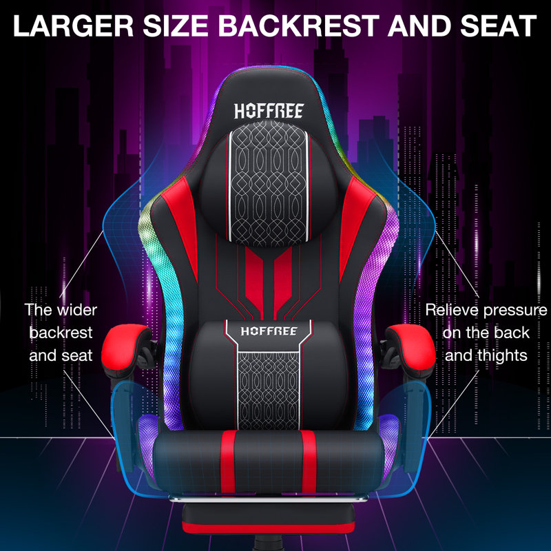 Inbox Zero Ergonomic Gaming Chair with Speakers RGB LED Lights and Massage, Red