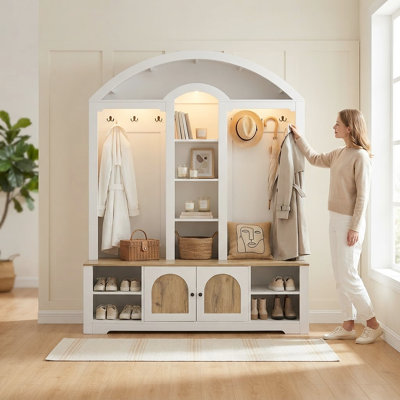 Decorative Coat Rack with Scandinavian Design, Entryway Coat Rack with Storage & LED Light Option