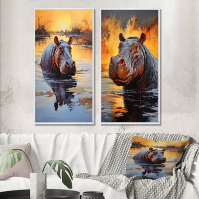 Hippo The Savanna King I - Hippopotamus Canvas Wall Art Set Of 2