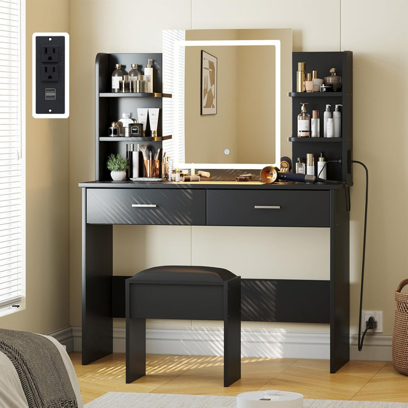 55.9''H Vanity Desk With Lighted Mirror, Makeup Vanity Set With Power Outlet, 6 Storage Shelves, 2 Large Drawers And 3 Colour Light Adjustable Brightness