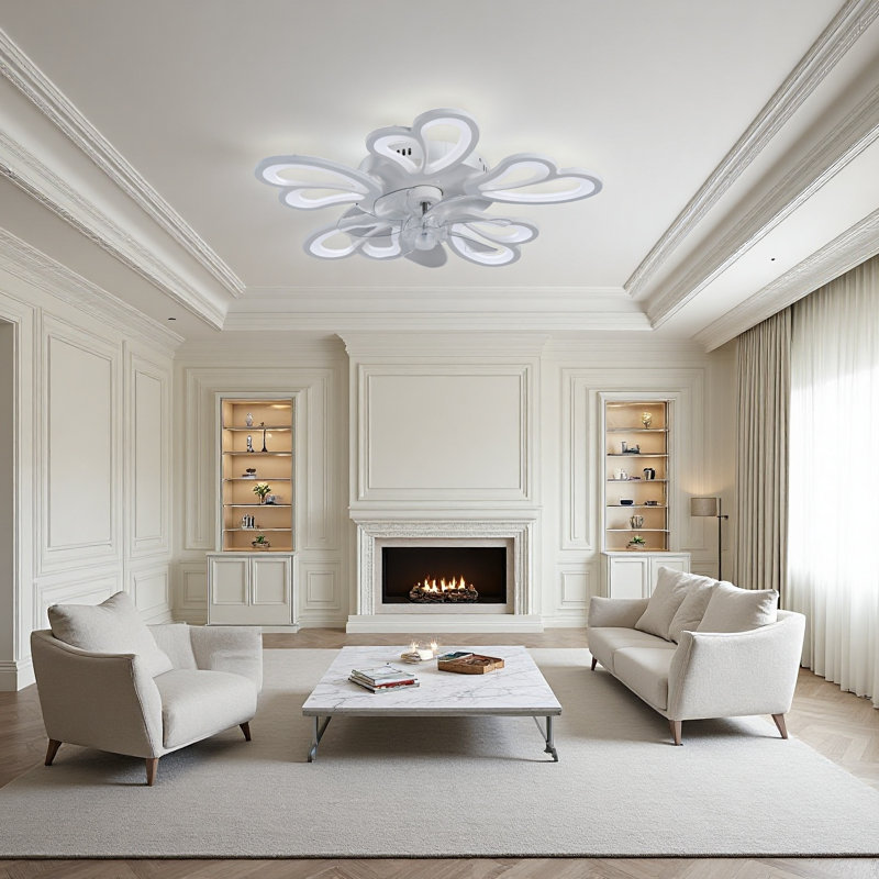 Ventilateur de plafond décoratif moderne en forme de pétale 22 po à DEL avec gradation continue, télécommande et moteur réversible pour chambre à coucher, salon ou appartement contemporain