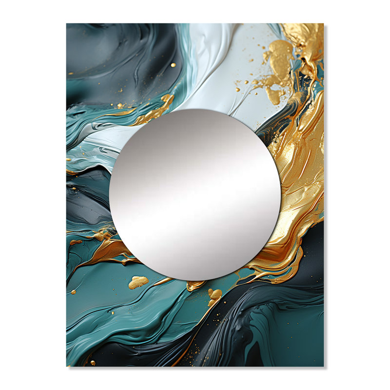 Winika or et marbre blanc vert cascade IV - grand miroir abstrait, miroir mural décoratif moderne, impression sur métal