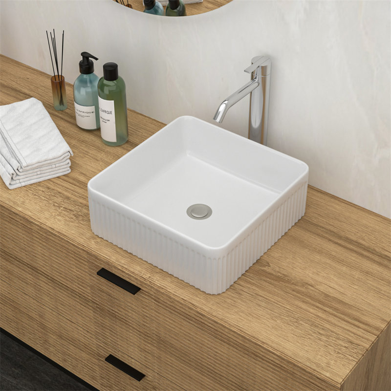 15.69"X15.69" White Ceramic Square Vessel Bathroom Sink
