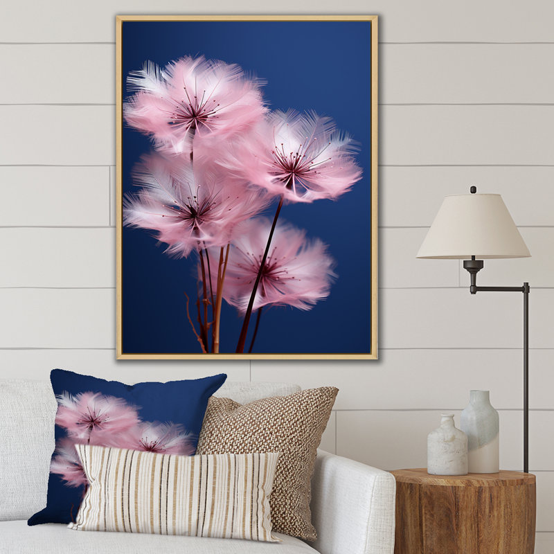 «Delicate Pink Dandelian Flowers On Blue Sky», reproduction sur toile, H 32 po x l 16 po x P 1 po, Cadre naturel flottant