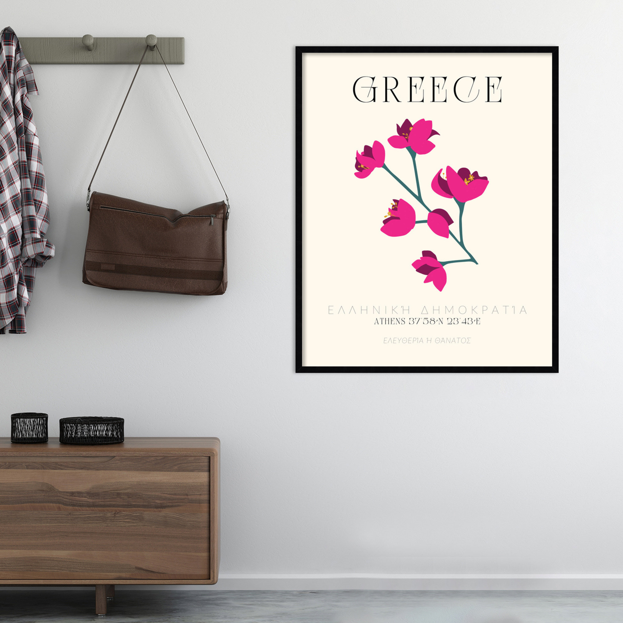 Greece Travel Poster Hellenic Bougainvillea by Chayan Lewis, 25" H x 21" W x 1" D, Black