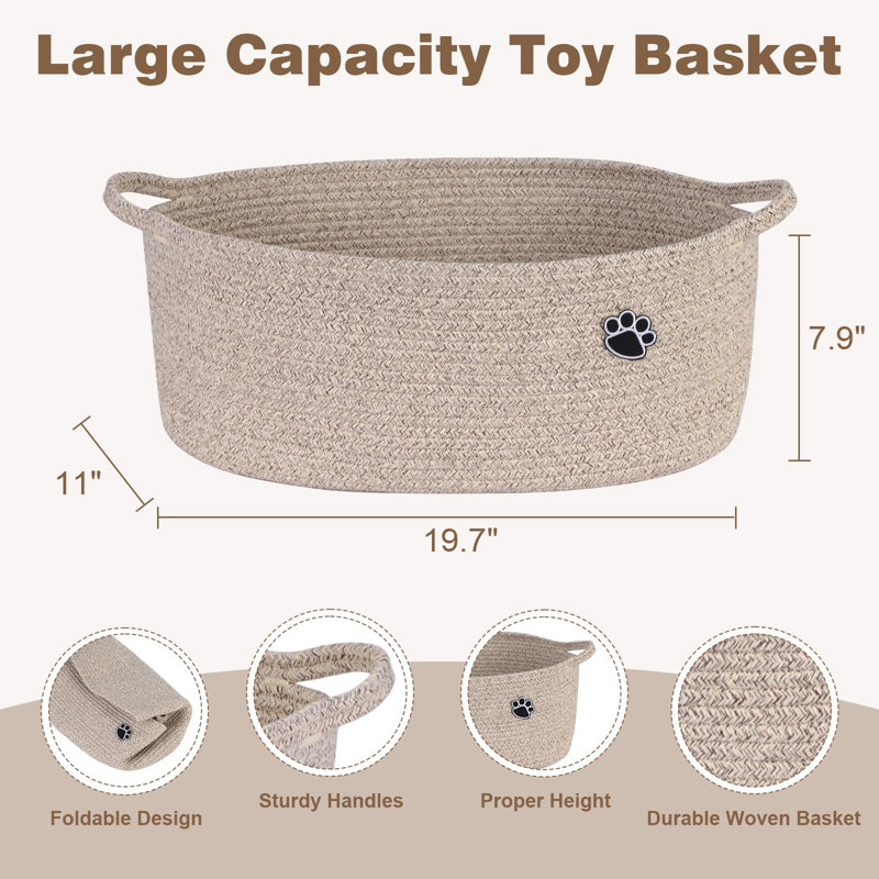 Dog Toy Basket, Toy Box And Bin For Dog Cat Storage, 19.7" X 11" X 7.9" (30L) Large Woven Rope Basket