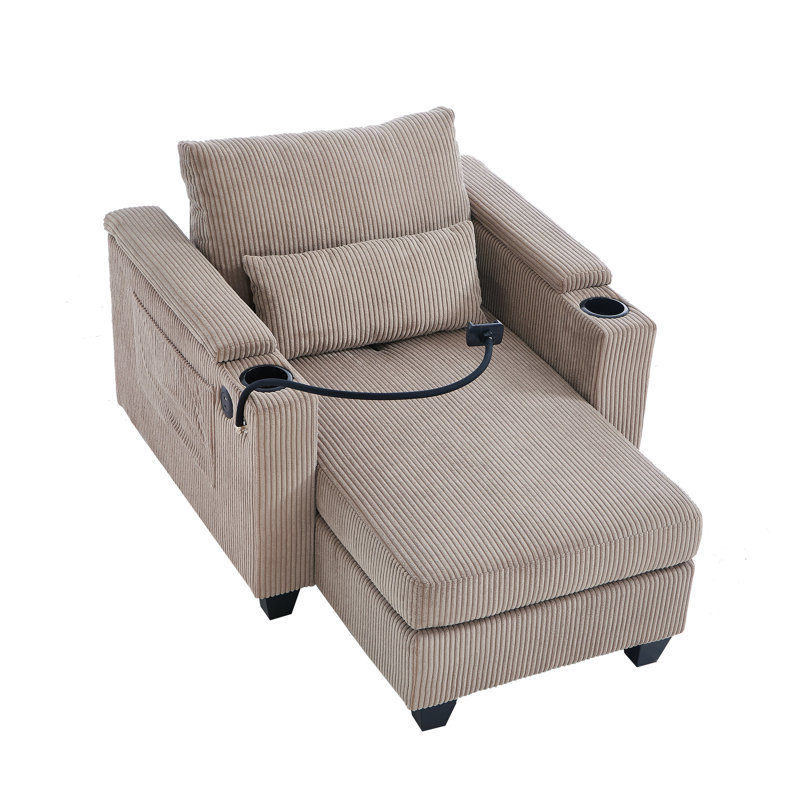 Canapé-lit convertible brun de 37,4 po avec velours côtelé, charge, porte-gobelets et chaise lombaire de soutien dans les ports, rangement latéral pour les chambres relaxantes
