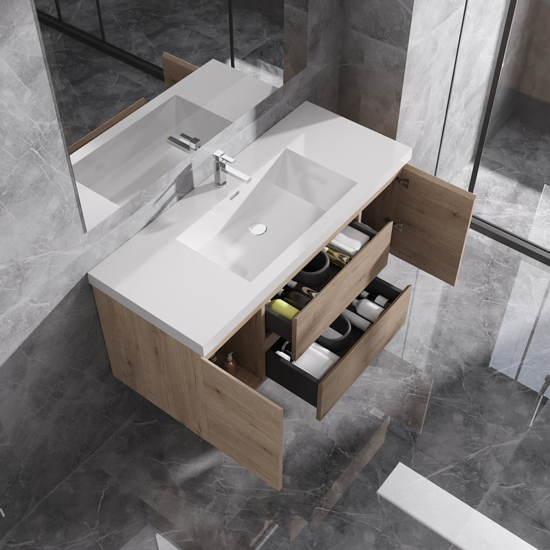 Dhruven 48" Wide Wall-Mounted Bathroom Vanity Set with Integrated Single Sink, Nature Oak