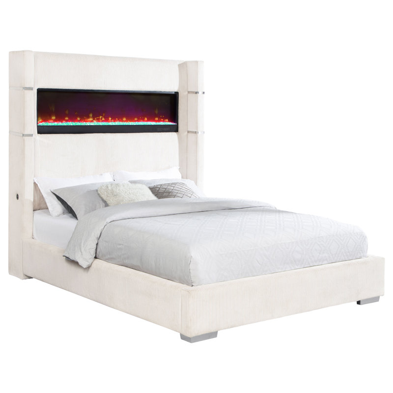 Stoehr 67-Inch Upholstered Fireplace Bed, California King, Cream