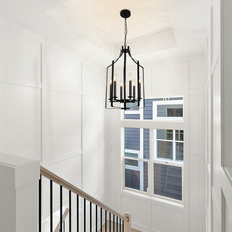 Mid-Century 6-Light Dimmable Cage Pendant Light, Matte Black