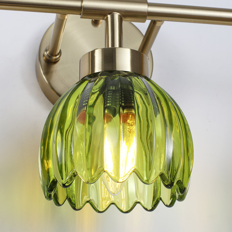 Glausen 3 - Light Black Wall Sconces Bathroom Vanity Lights With Tulip Green Glass Shade, Brass, 3