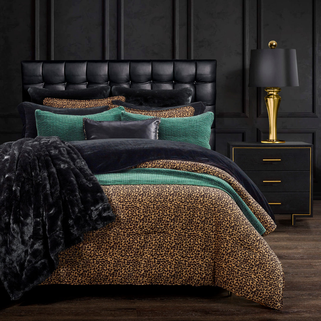 Adrienne Gold Black Leopard Print Chenille Fabric Classic Modern Rustic Comforter Set HiEnd Accents 