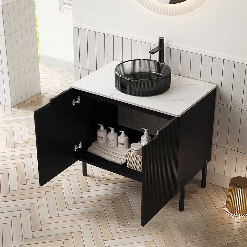 Meuble-lavabo de salle de bain avec lavabo rond en verre transparent, armoire de rangement autoportante avec 2 portes