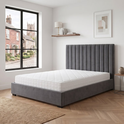 Modern Channel Tufted Velvet Upholstered Platform Bed with Extra-Tall Headboard and Storage Drawers, Queen, Gray