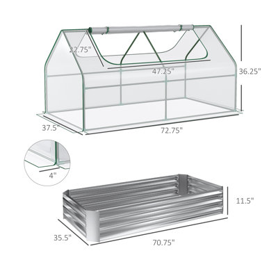 Lit de jardin surélevé galvanisé de 6 pi x 3 pi Outsunny avec mini couvre-serre en PVC, jardinière en métal pour l'extérieur avec 2 fenêtres à enroulement pour faire pousser des fleurs, des fruits, des légumes et des herbes, argent