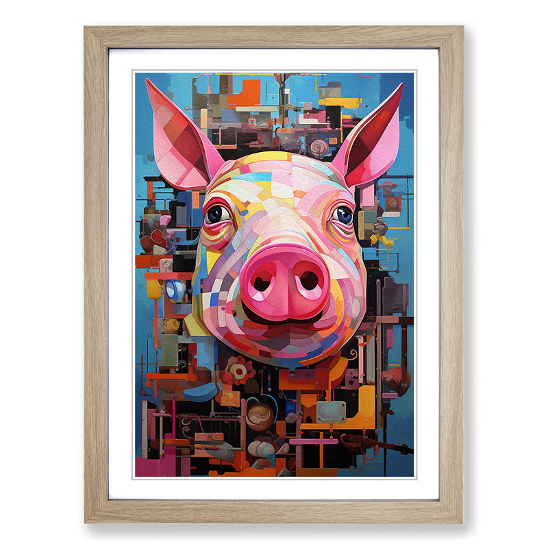XYZ-FRM-V1223-5132 Pig Constructivism - Single Picture Frame Print on Wood, Oak, 34cm H x 25cm W x 2cm D