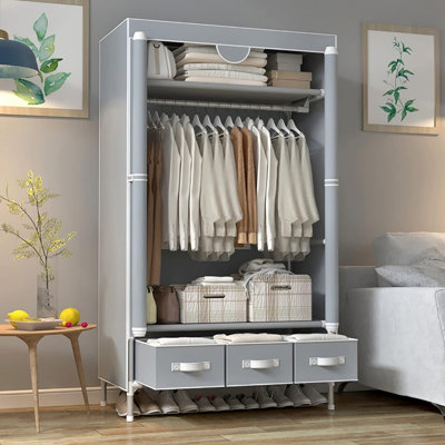 Gray Rolling Door Portable Wardrobe Storage Organizer, Foldable Clothes Closet With Hanging Rod & 3 Drawer Boxes, Easy No-tool Setup For Bedroom Apartment