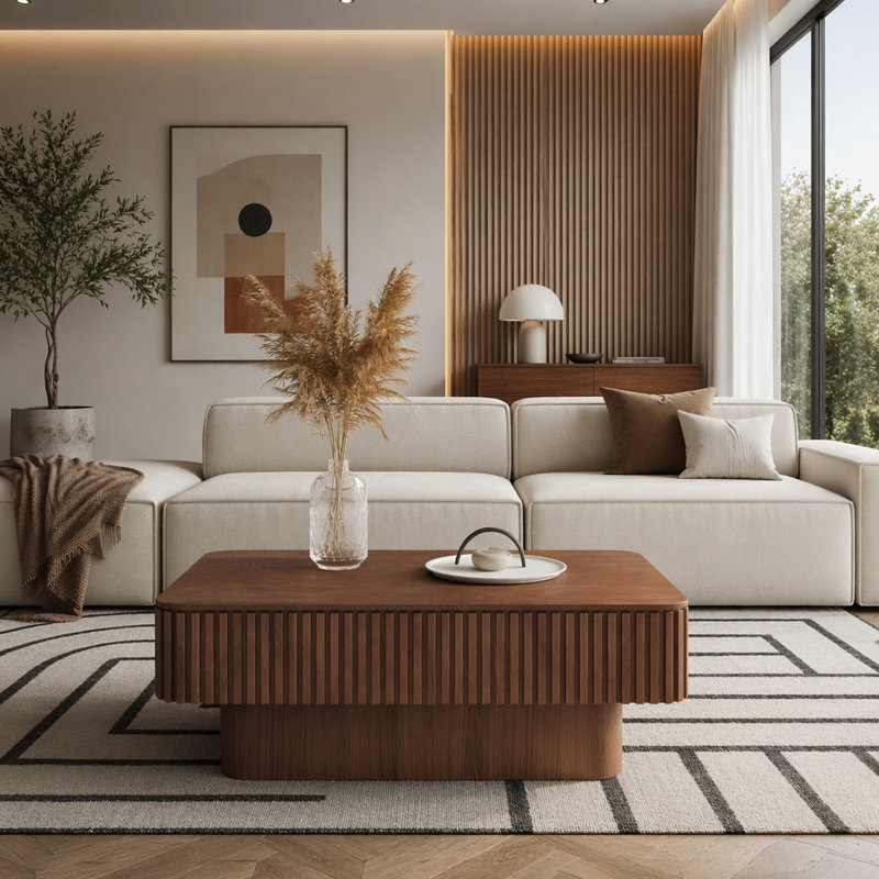 Table basse d'appoint cannelée en bois massif avec placage en bois massif, Walnut