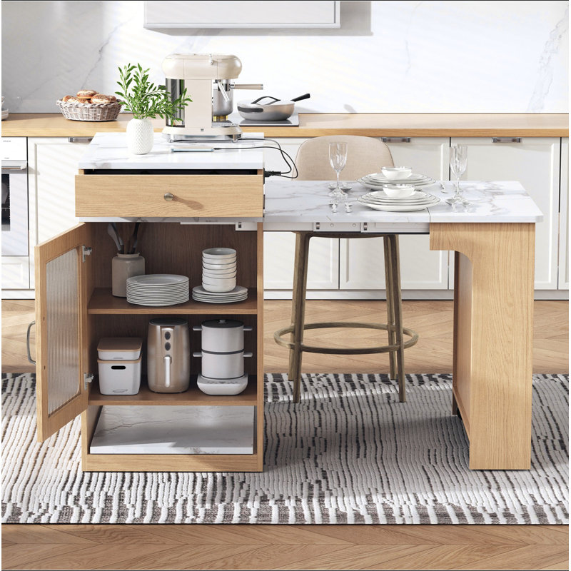 59.5"Kitchen Island with Extendable Dining Table, Kitchen Storage Table with Double-sided Storage, Kitchen Island with 2 Drawers, Power Outlet, Side Open Shelves, for Kitchen, Dining Room