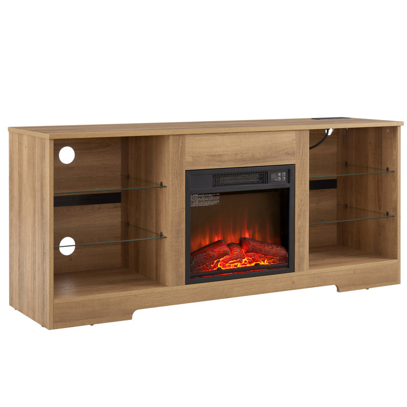 Tv Stand With Electric Fireplace, 3D Fire, Led Lights, Outlet, 58''W For 32 - 62" Tvs, Oak Color 32-62", Oak