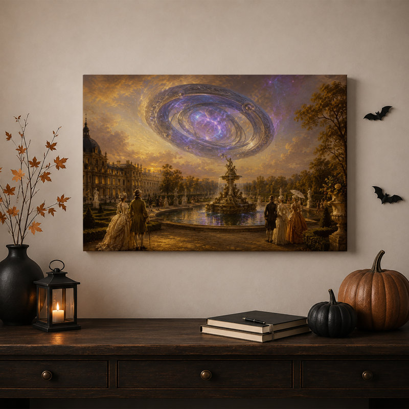 Fontaine du Grand Palais sous une galaxie tourbillonnante - Toile murale d'Halloween, 28"H x 40"W