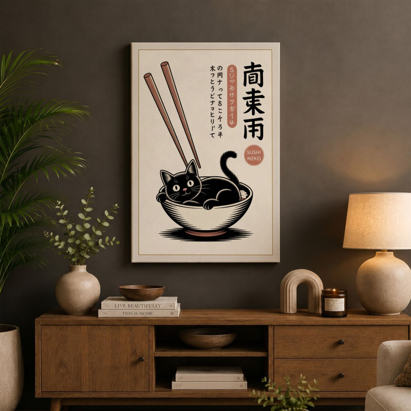 Cat in a Bowl Japandi 1 Piece Wrapped Canvas Wall Art, 36x24 - 91.4 x 61.0 cm, White Border