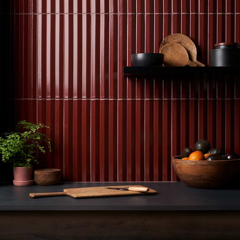Ponto 5x16 Fluted 3D Polished Porcelain Tile, Ruby Red