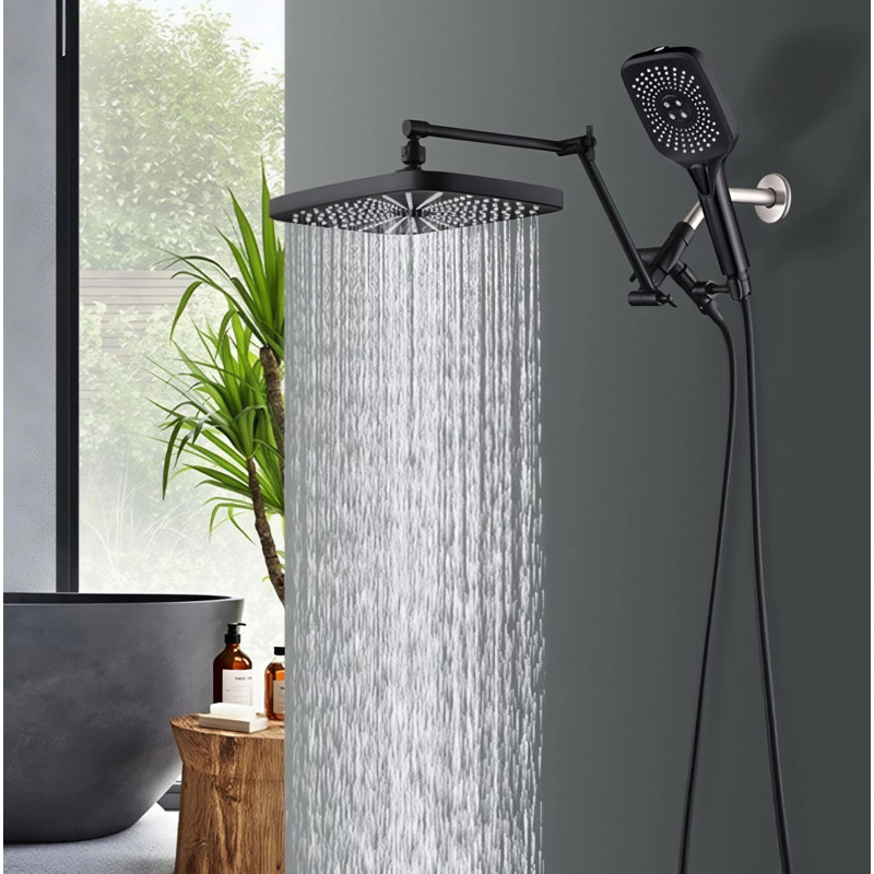 12" High Pressure Rainfall Shower Head With Handheld Spray, Waterfall Shower Heads, Dual Showerhead With 71" Hose, 3-Way Diverter, Height/Angle Adjustable, Anti-Clog Nozzles, Matte Black