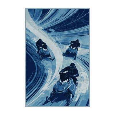 Machine Washable Seth Snowmobile Race Bold & Eclectic Modern Arc Rug in Blue – SkyBlue Binding