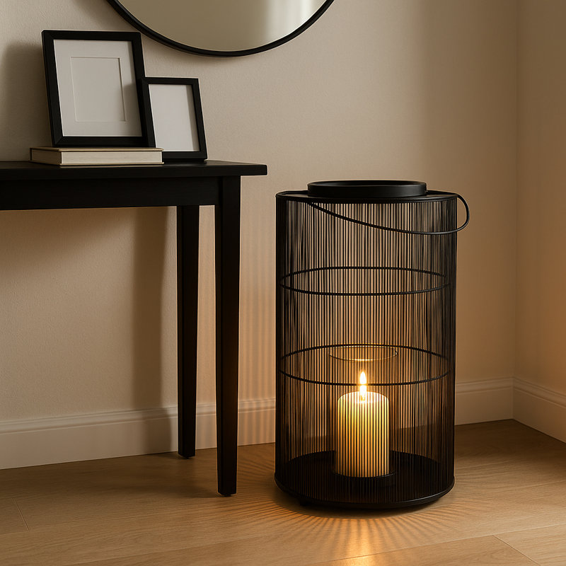 Zeppa Hurricane Lantern Metal Modern Openwork Frame 26" Black Finish for Home Office Bedroom Living Room Decor.
