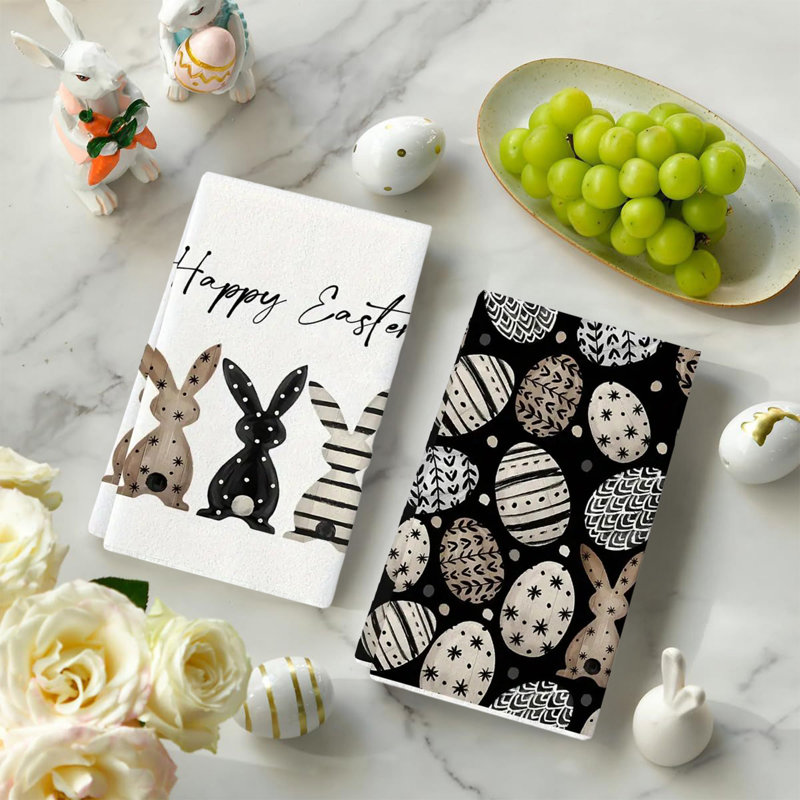 Ensemble de 2 serviettes de cuisine en forme de lapin noir de Pâques, B