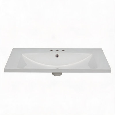 Plan de toilette en céramique blanche de 76 cm (30 pouces) avec trois trous pour robinetterie et lavabo encastré.