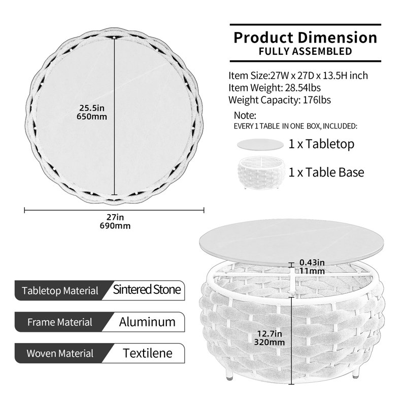 Round Outdoor Coffee Table With Marble Pattern Sintered Stone Tabletop, Dark Grey