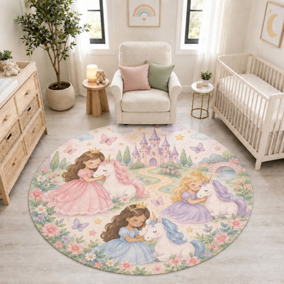 "Ultra Thin" 6' x 6' Princess Unicorn Castle Round Area Rug, Soft Low Pile Indoor Rug with Non-Slip Silicone Backing for Nursery, Kids Room, Bedroom, Playroom Decor
