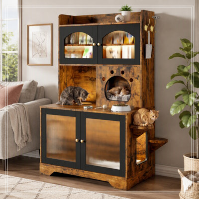 3-Tier Desirae Enclosure with Storage Cabinet, Fluted Glass Doors and Climbing Platforms
